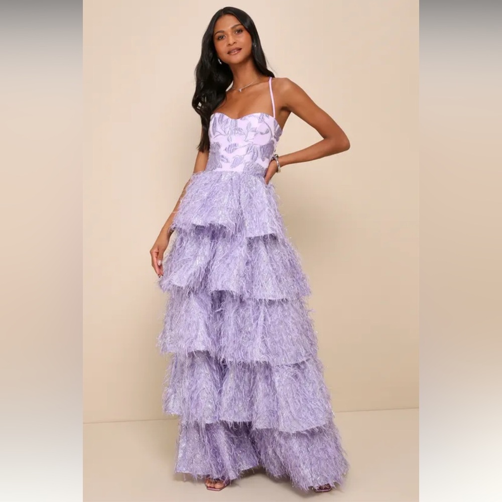 Lulus Chic Extravagance Lavender Jacquard Lurex Tiered Maxi Dress